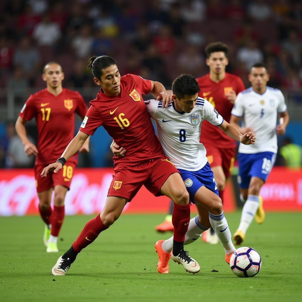 Cầu thủ Việt Nam thi đấu tại Asian Cup 2019: Khoảnh khắc tranh bóng quyết liệt.