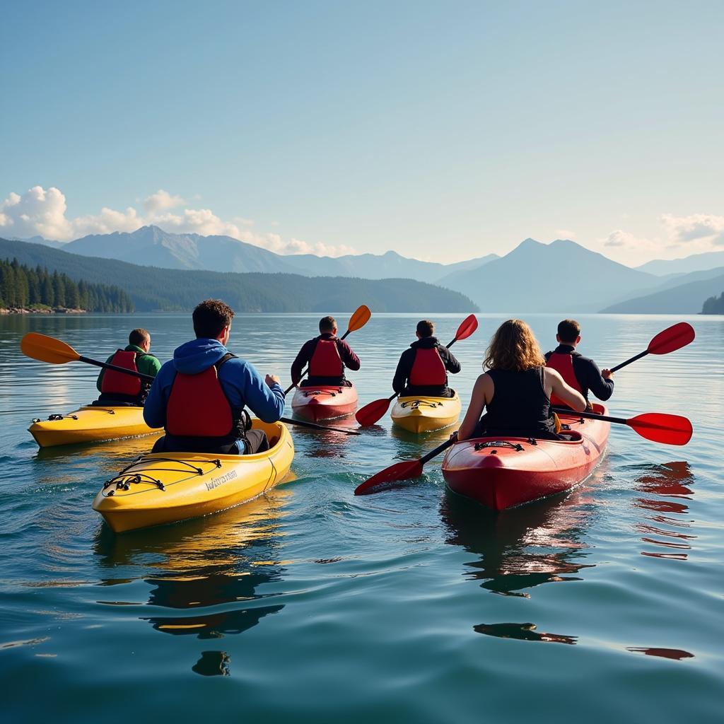 Chèo thuyền teambuilding - Hình ảnh đội nhóm cùng nhau chèo thuyền kayak trong hoạt động teambuilding, thể hiện sự phối hợp và đồng lòng.