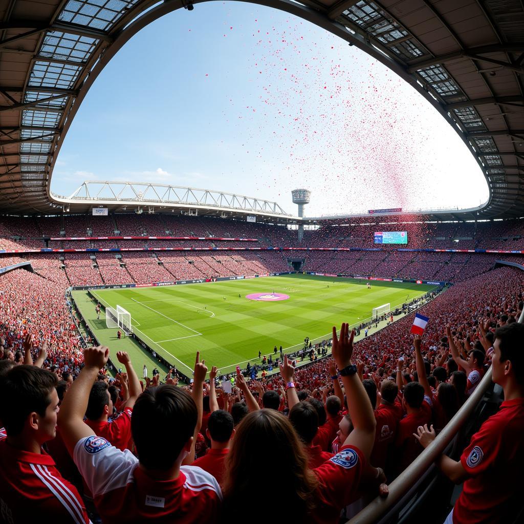 Sports fans celebrating in a stadium