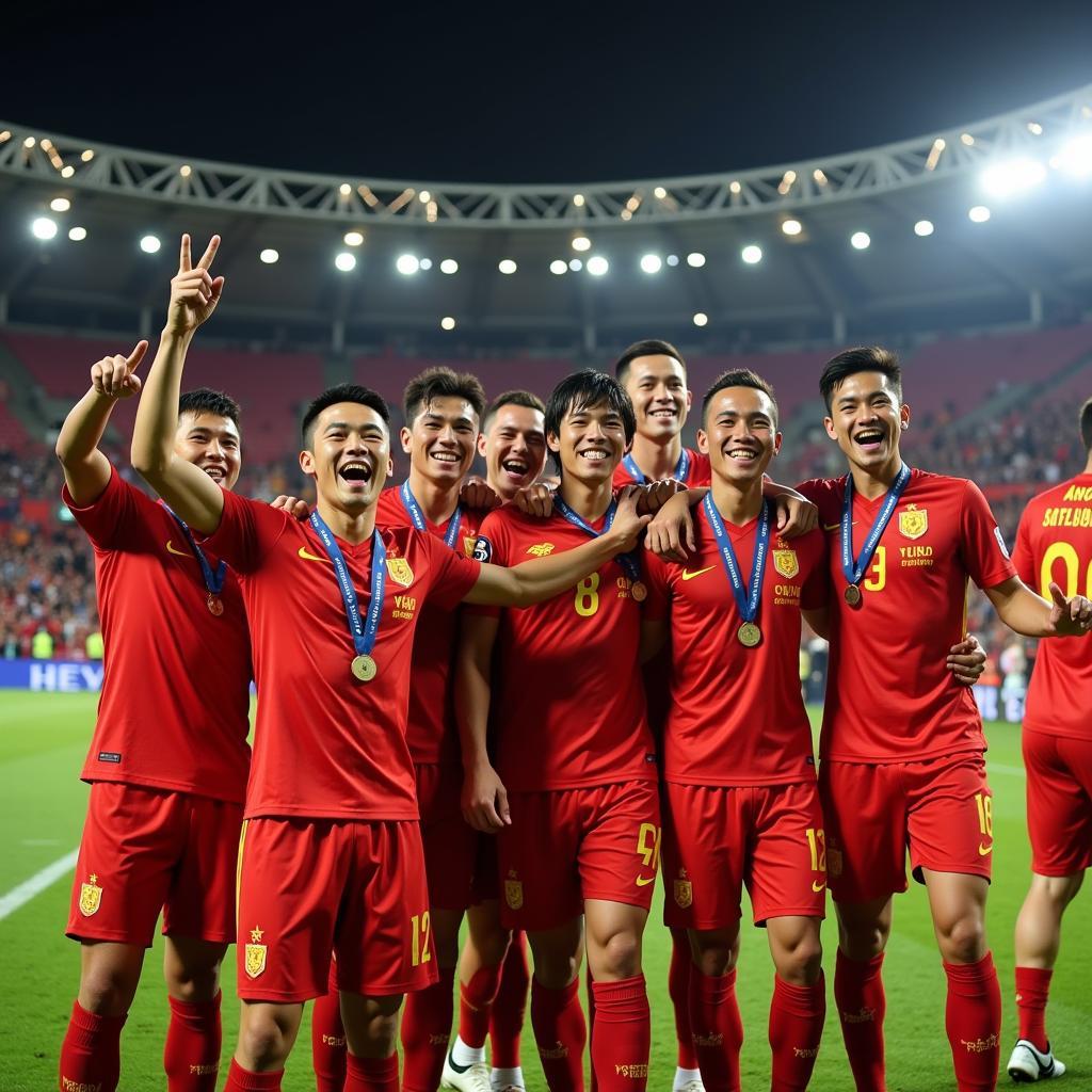 Đội hình Việt Nam AFF Cup 2018: Quang Hải, Công Phượng, Anh Đức và các đồng đội ăn mừng chiến thắng lịch sử.