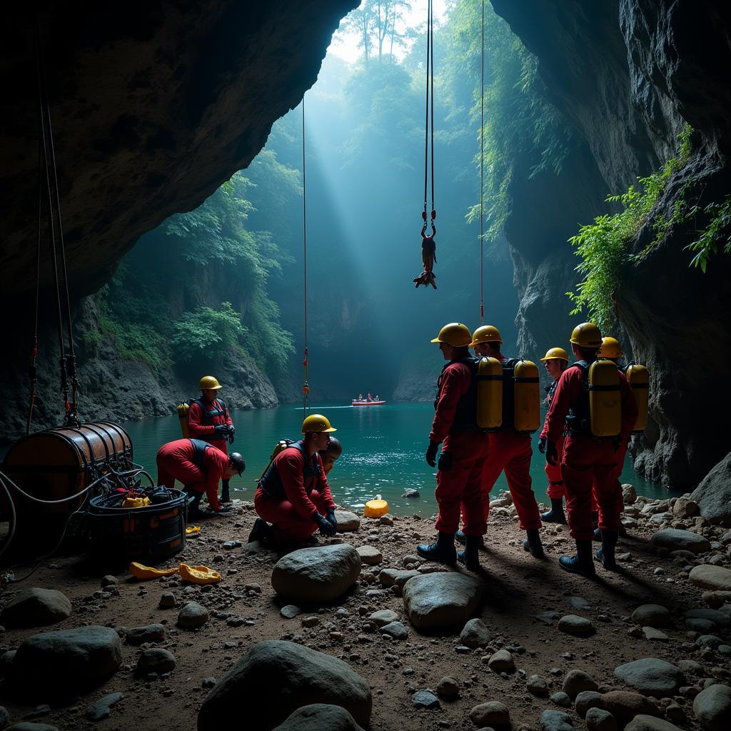 Hình ảnh đội cứu hộ chuẩn bị đưa các cầu thủ ra khỏi hang Tham Luang