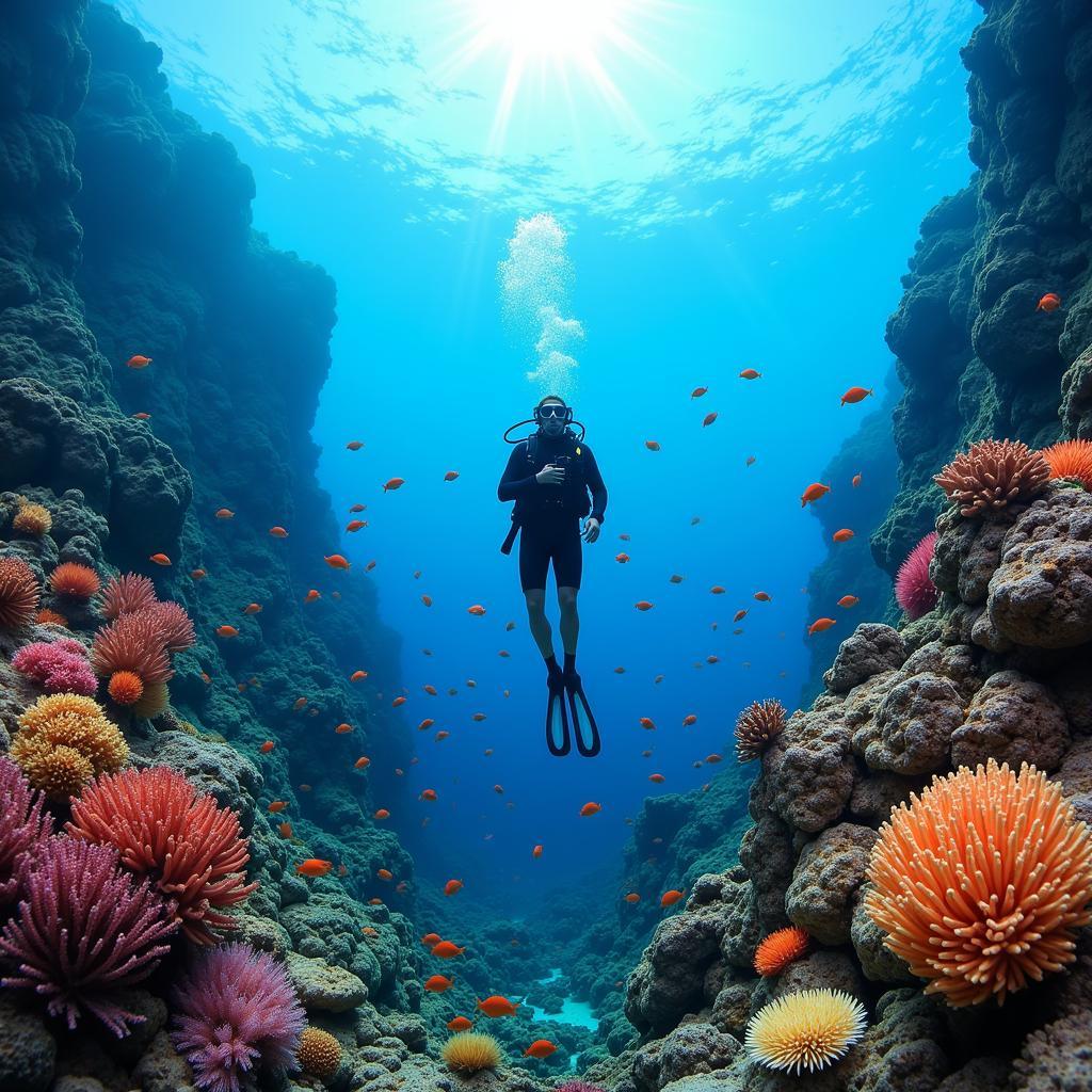 Scuba diving in deep blue ocean