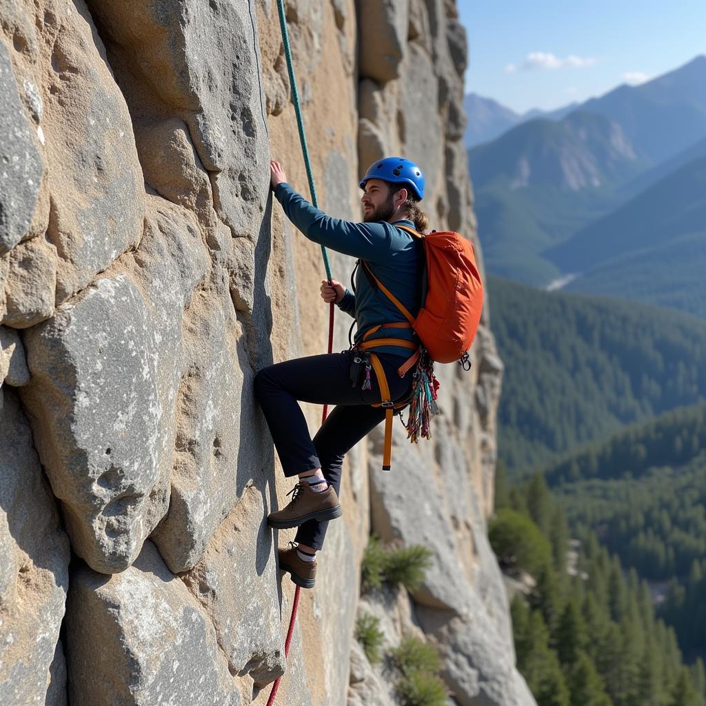 Rock climbing with safety ropes on a steep cliff