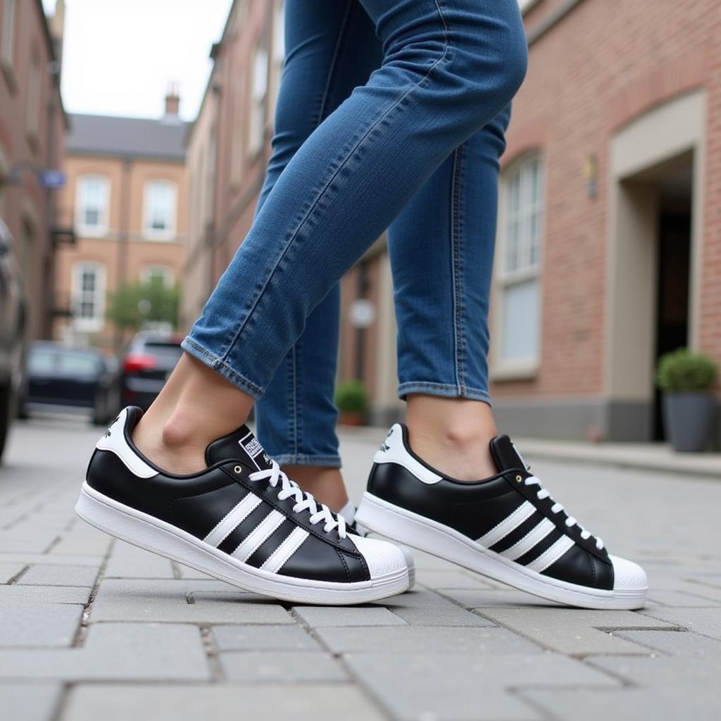 Giày Adidas Superstar trắng đen cổ điển, phối đồ với quần jeans và áo thun trắng.