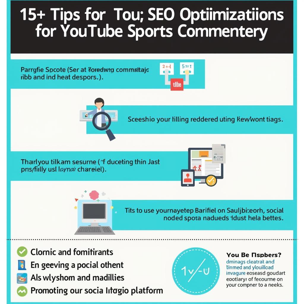 Mẹo tối ưu SEO cho kênh bình luận thể thao YouTube - Infographic minh họa các bước tối ưu SEO, bao gồm nghiên cứu từ khóa, tối ưu tiêu đề và mô tả, xây dựng backlink.