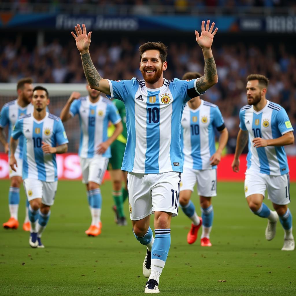 Messi ăn mừng chiến thắng cùng đồng đội - Hình ảnh Messi ăn mừng chiến thắng cùng đồng đội, thể hiện niềm vui và sự đoàn kết của đội tuyển Argentina.