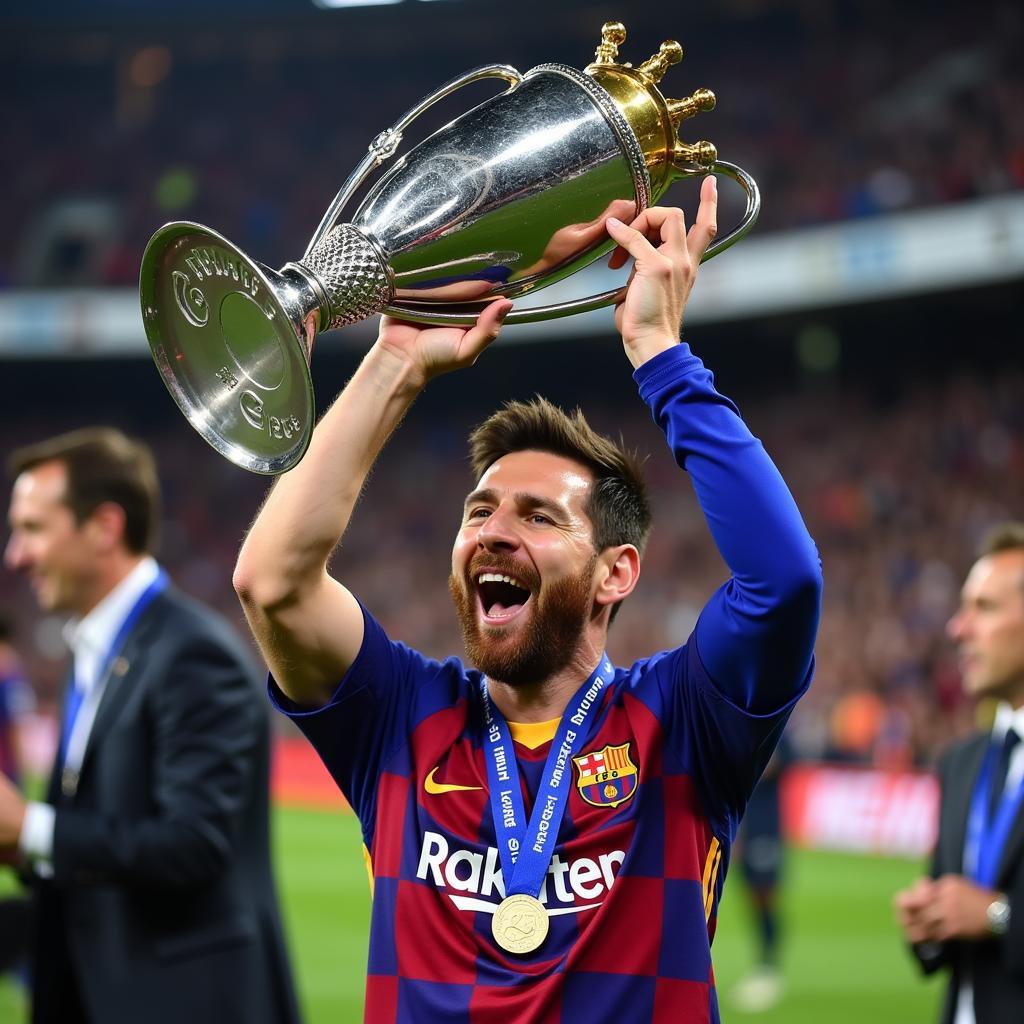 Messi nâng cao chiếc cúp Cầu Thủ Xuất Sắc Nhất Châu Âu 2019