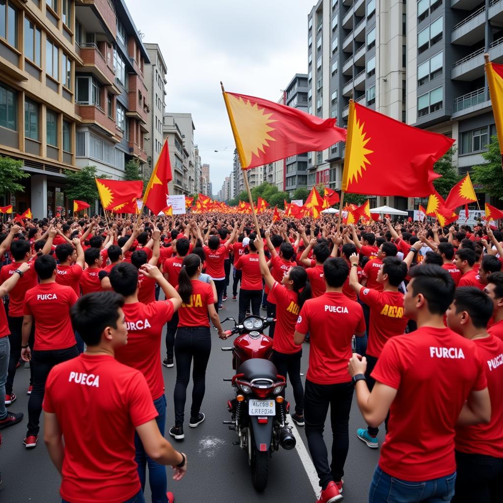 Người hâm mộ đổ ra đường ăn mừng chiến thắng AFF Cup với cờ đỏ sao vàng, băng rôn và biểu ngữ.