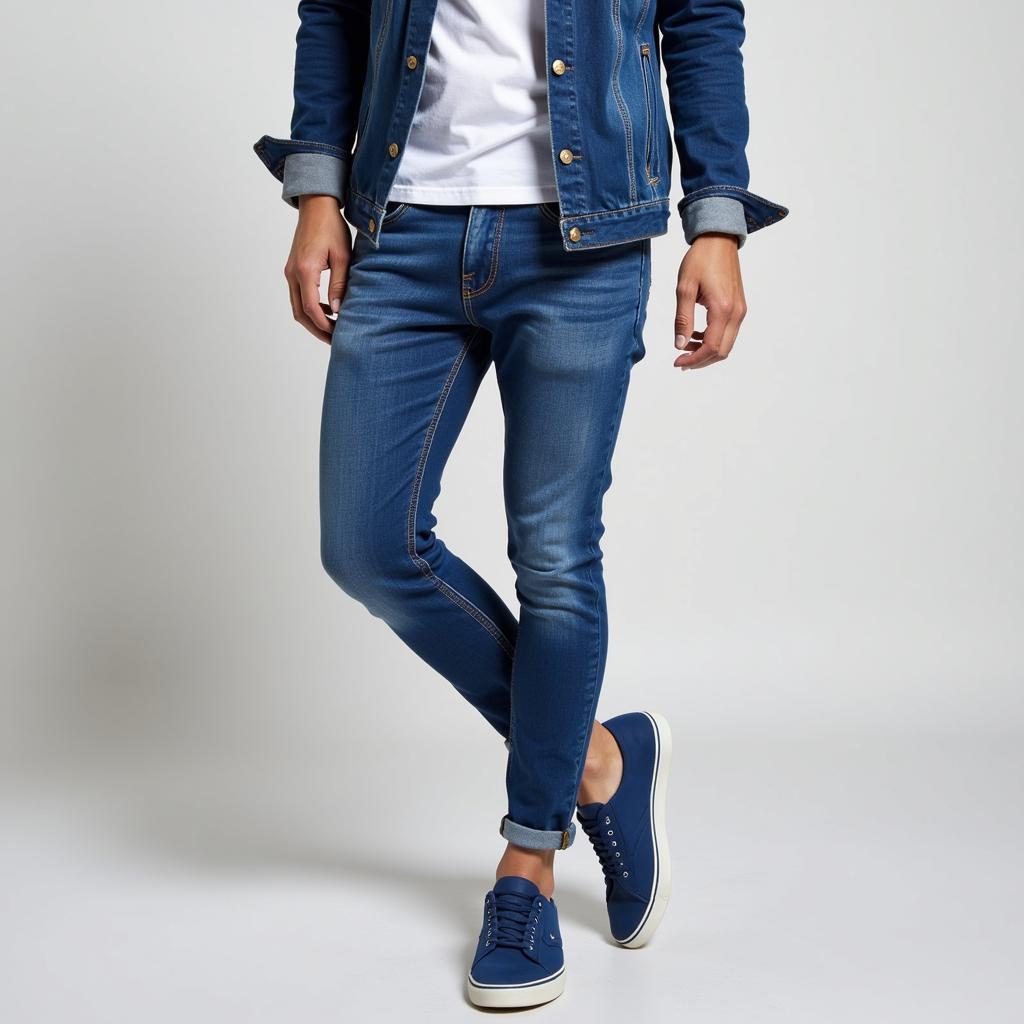 Phối đồ giày thể thao xanh dương với quần jeans