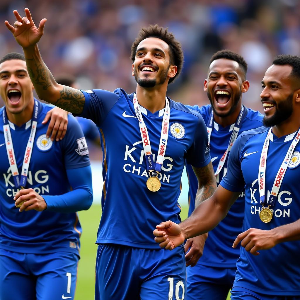 Riyad Mahrez ăn mừng chiến thắng cùng Leicester City