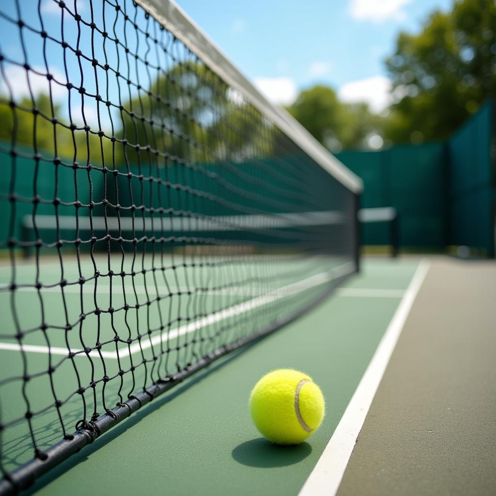 Sân tennis ngoài trời với lưới căng và bề mặt sân cứng