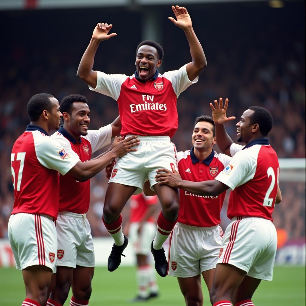 Ian Wright, tiền đạo huyền thoại của Arsenal, ăn mừng bàn thắng với đồng đội.