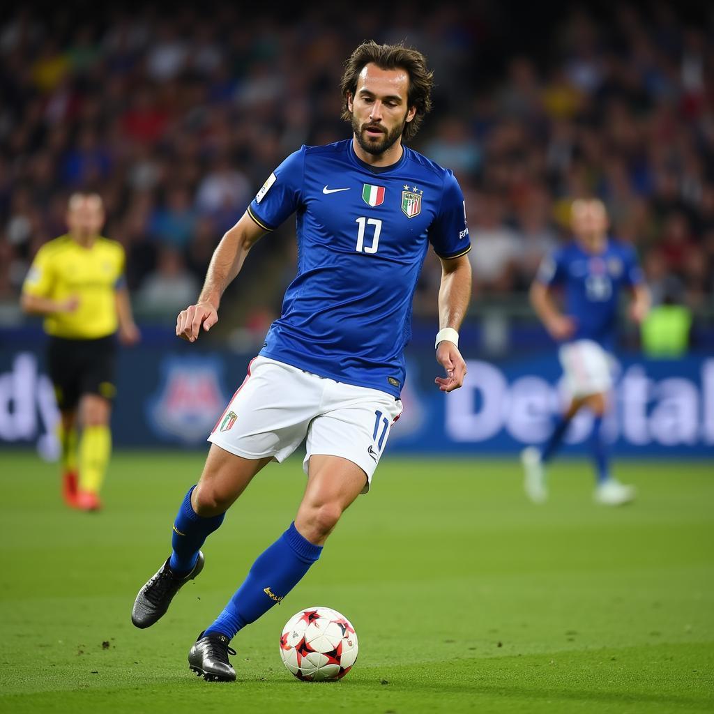 Andrea Pirlo thực hiện một đường chuyền kỹ thuật trong màu áo đội tuyển Ý