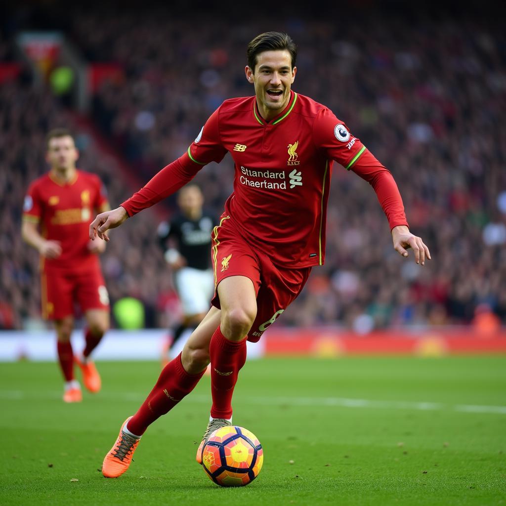 Cầu thủ Liverpool sượt chân ngã trên sân cỏ