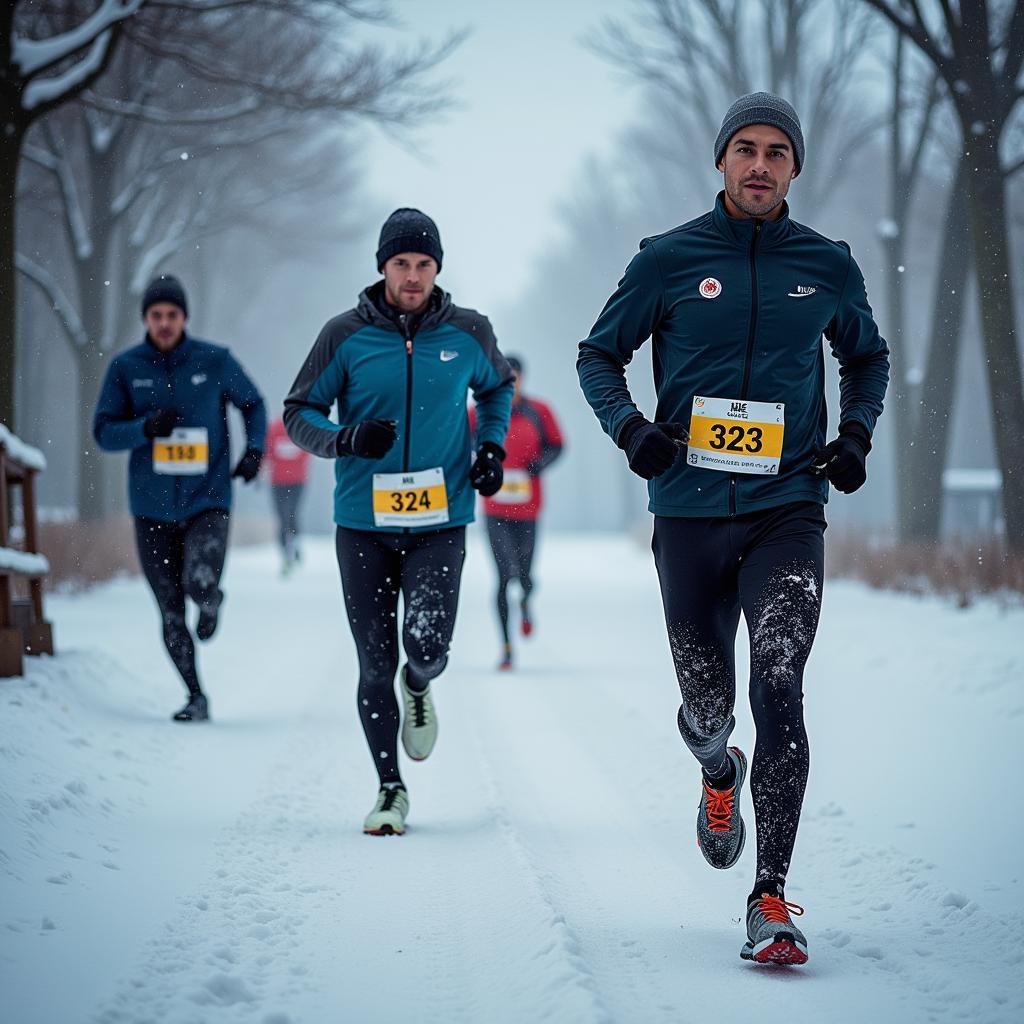 Hình ảnh chạy marathon trong mùa đông thể hiện sự kiên trì và vượt qua thử thách.