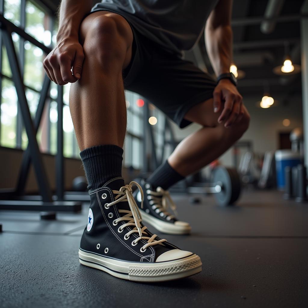 Một người đang tập gym với giày Converse cổ cao