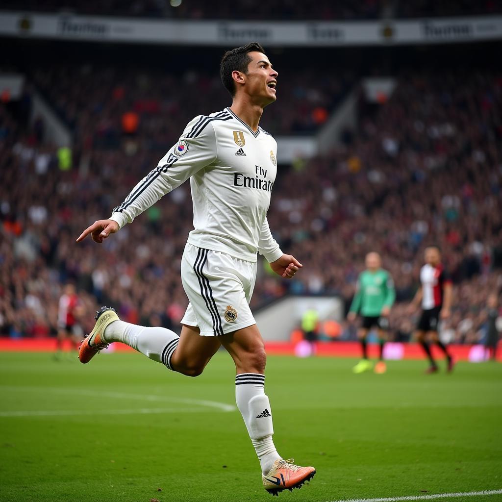 Cristiano Ronaldo, known for his powerful shots and acrobatic celebrations, joyfully celebrating a goal.