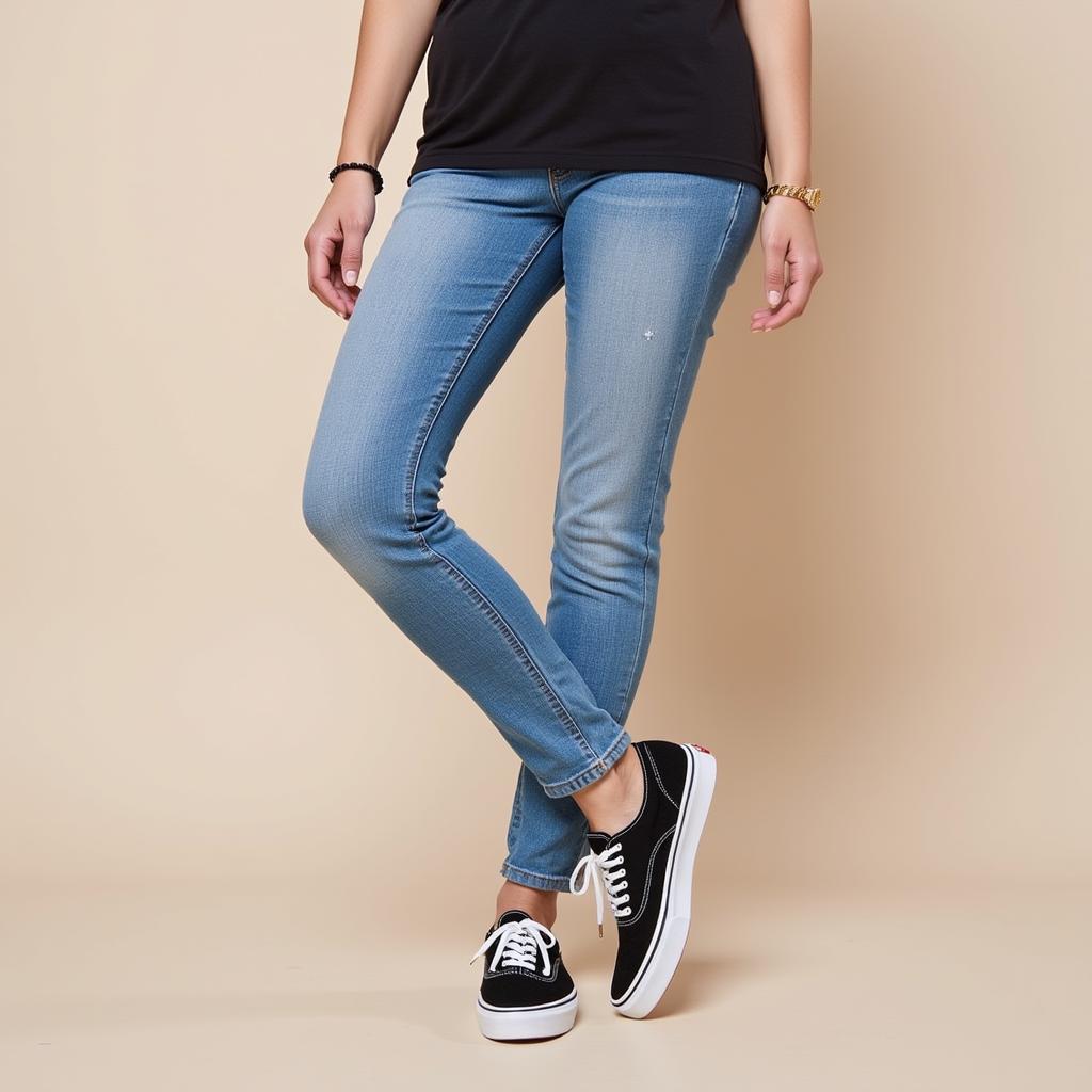 Cô gái trẻ năng động diện giày Vans nữ chính hãng phối cùng quần jeans và áo phông, tạo nên phong cách trẻ trung, cá tính