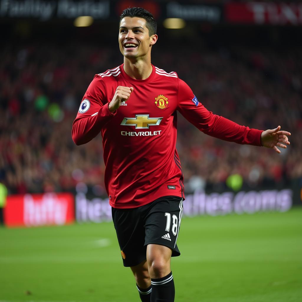 Cristiano Ronaldo ăn mừng bàn thắng trong màu áo Manchester United.