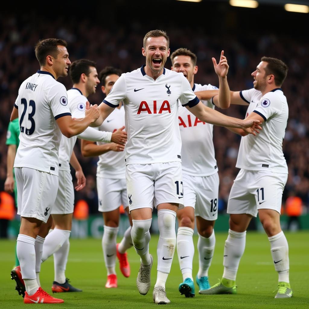 Harry Kane ăn mừng bàn thắng cùng đồng đội, thể hiện niềm vui chiến thắng.