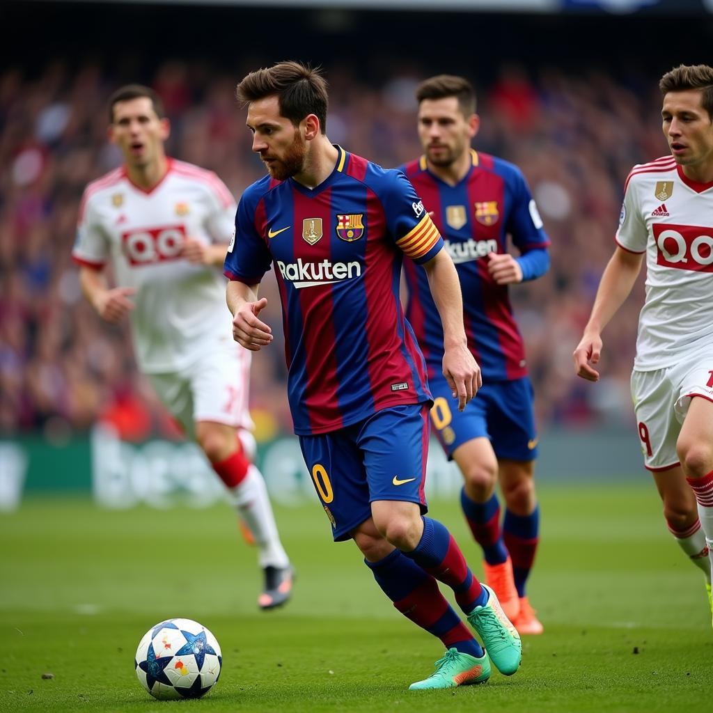 Lionel Messi, widely regarded as one of the greatest football players of all time, dribbling the ball past defenders.