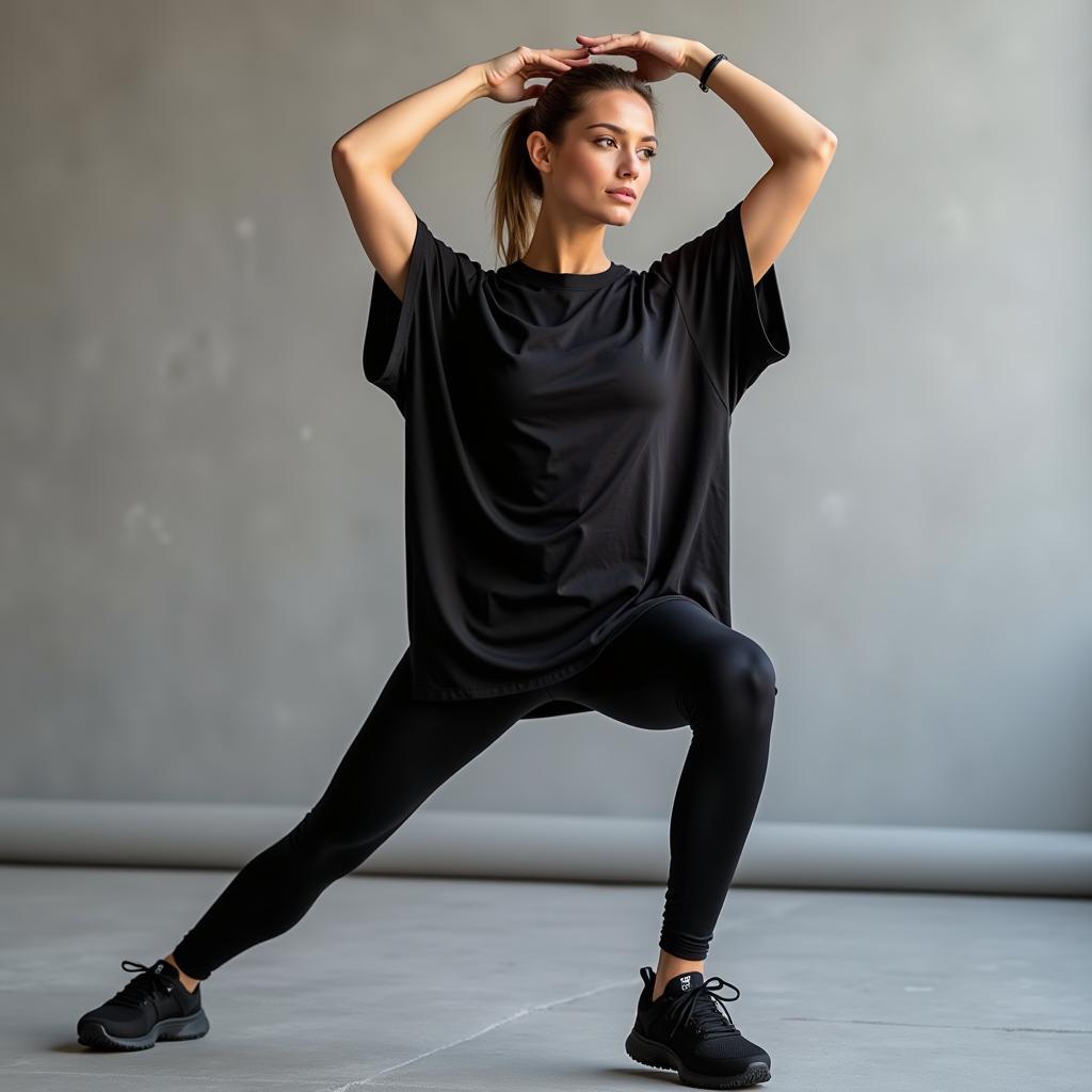 Mix áo thun đen oversize và quần legging tập gym với giày thể thao