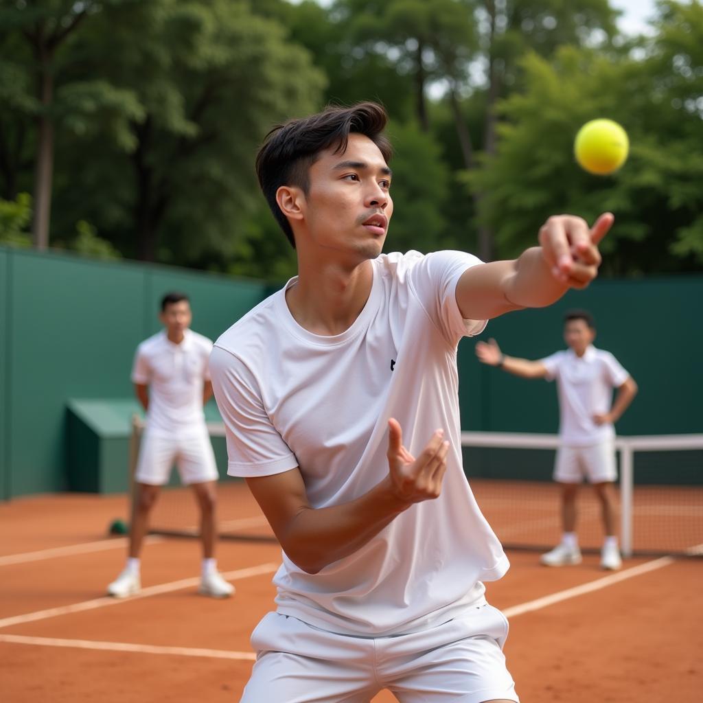 Nguyễn Văn Phương luyện tập trên sân tennis