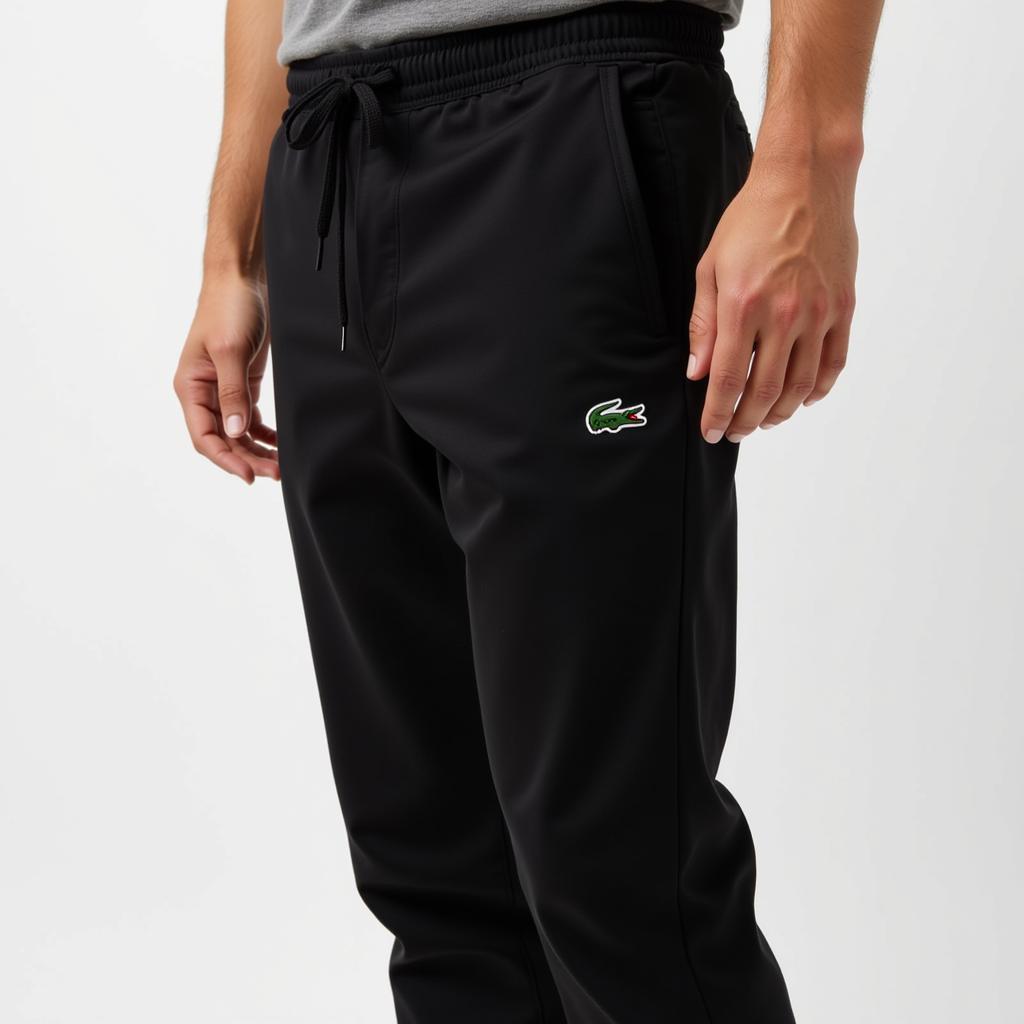 Quần thể thao Lacoste màu đen dáng jogger, phù hợp cho cả nam và nữ, mang đến vẻ ngoài năng động và thoải mái.