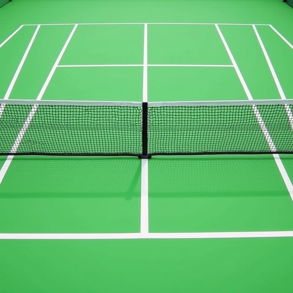 Hình ảnh sân tennis với lưới ở giữa chia sân thành hai phần đối xứng.