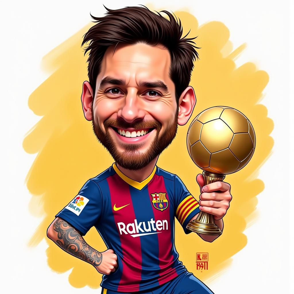 Tranh biếm họa Messi với nụ cười tinh nghịch và quả bóng vàng