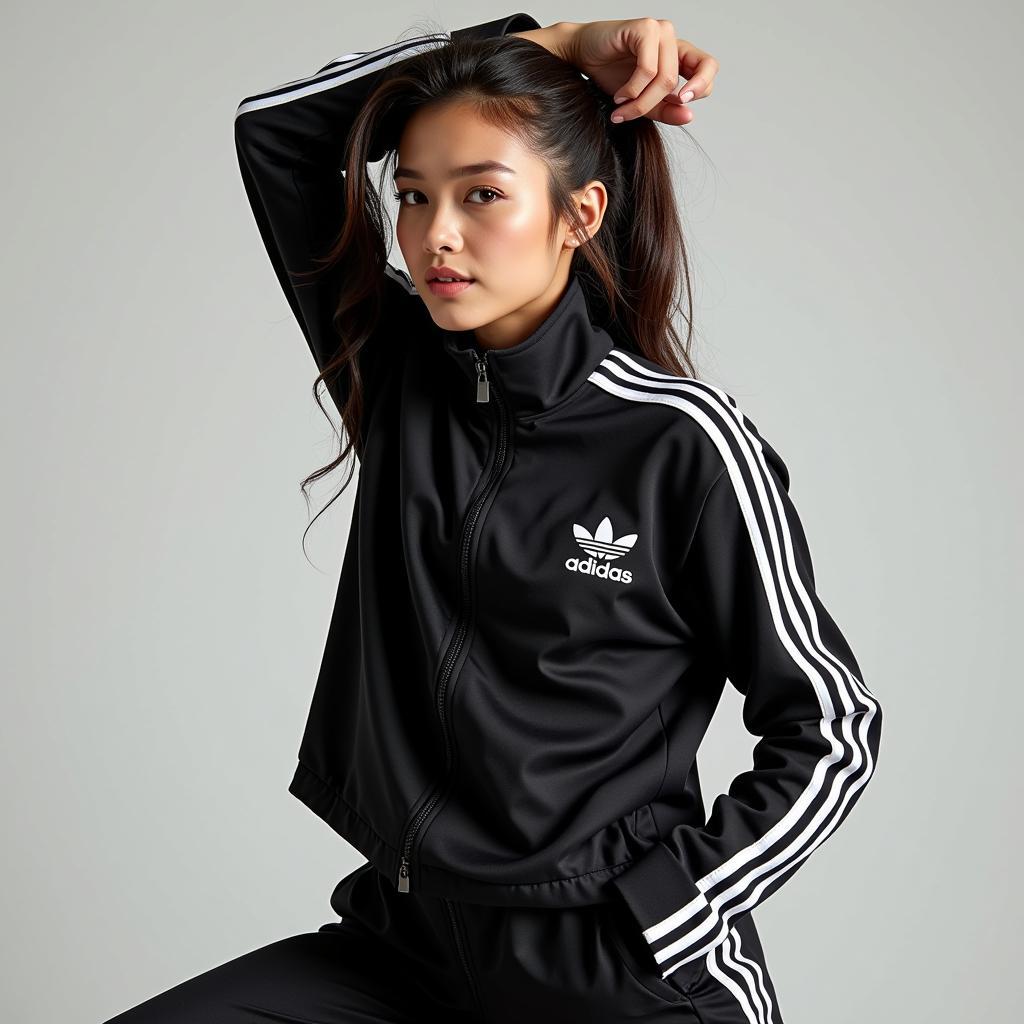 Angelababy diện set đồ thể thao Adidas màu đen trắng