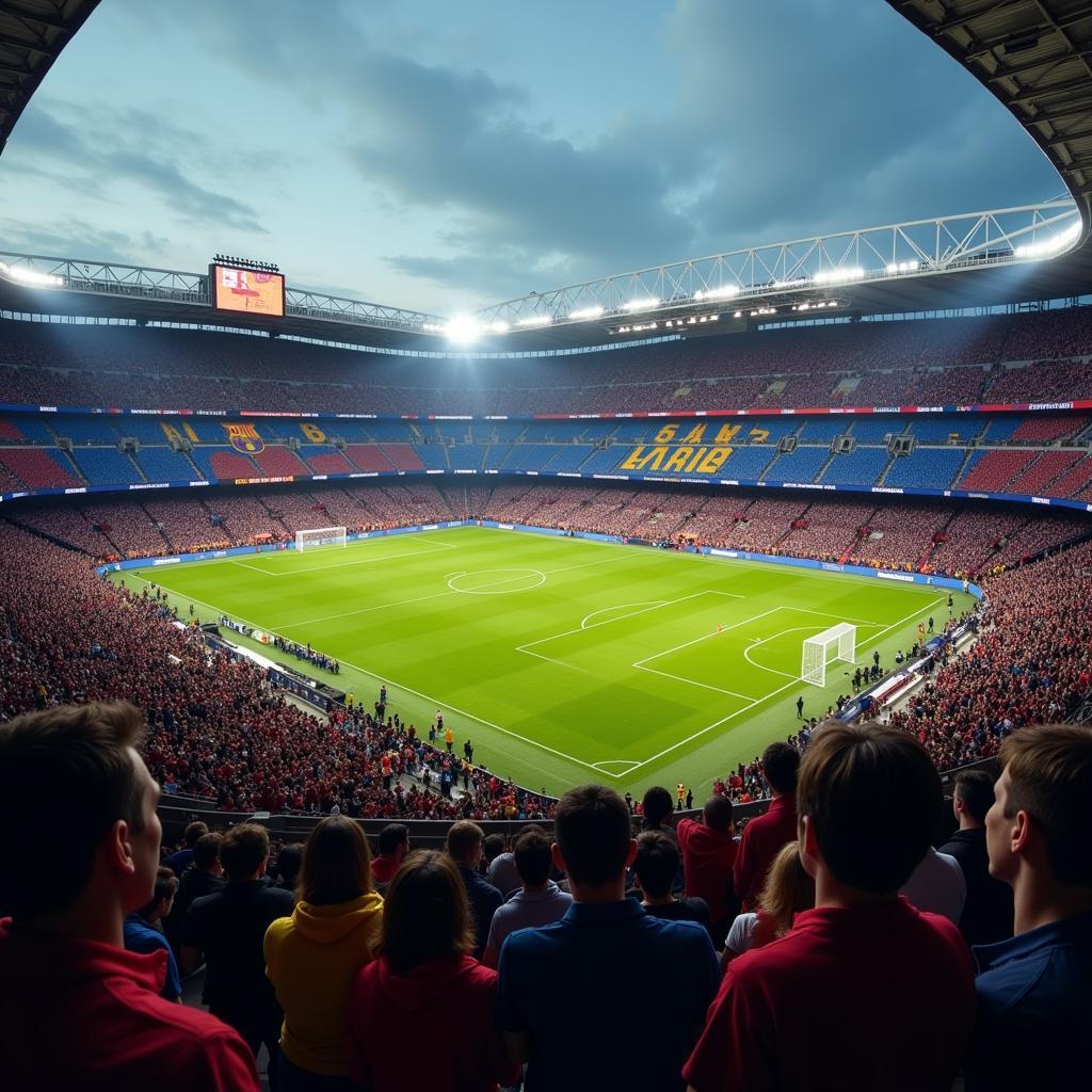 Barca Màn Ảnh: Cảnh quay từ một bộ phim về Barca, với hình ảnh sân vận động Camp Nou chật kín khán giả