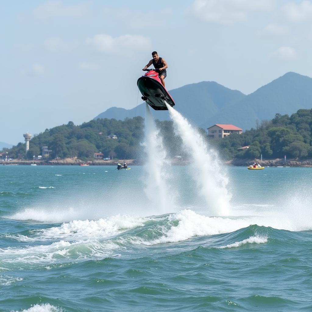 Biểu diễn Jet Ski tại Quy Nhơn - Hình ảnh vận động viên biểu diễn Jet Ski với những màn nhào lộn trên mặt nước.