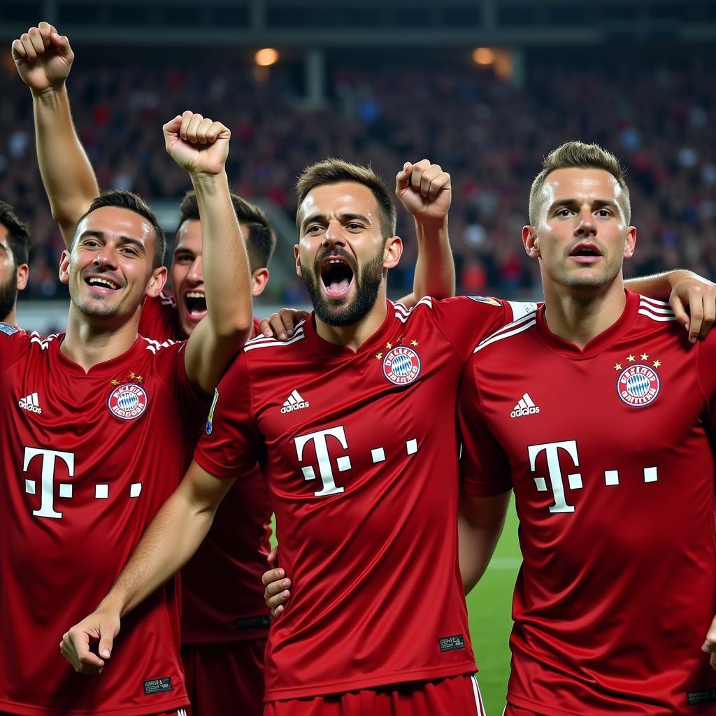 Các cầu thủ Bayern Munich mặc áo đấu ăn mừng chiến thắng