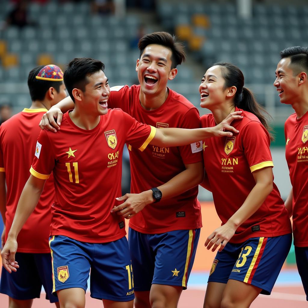 Cầu thủ Futsal Việt Nam ăn mừng chiến thắng