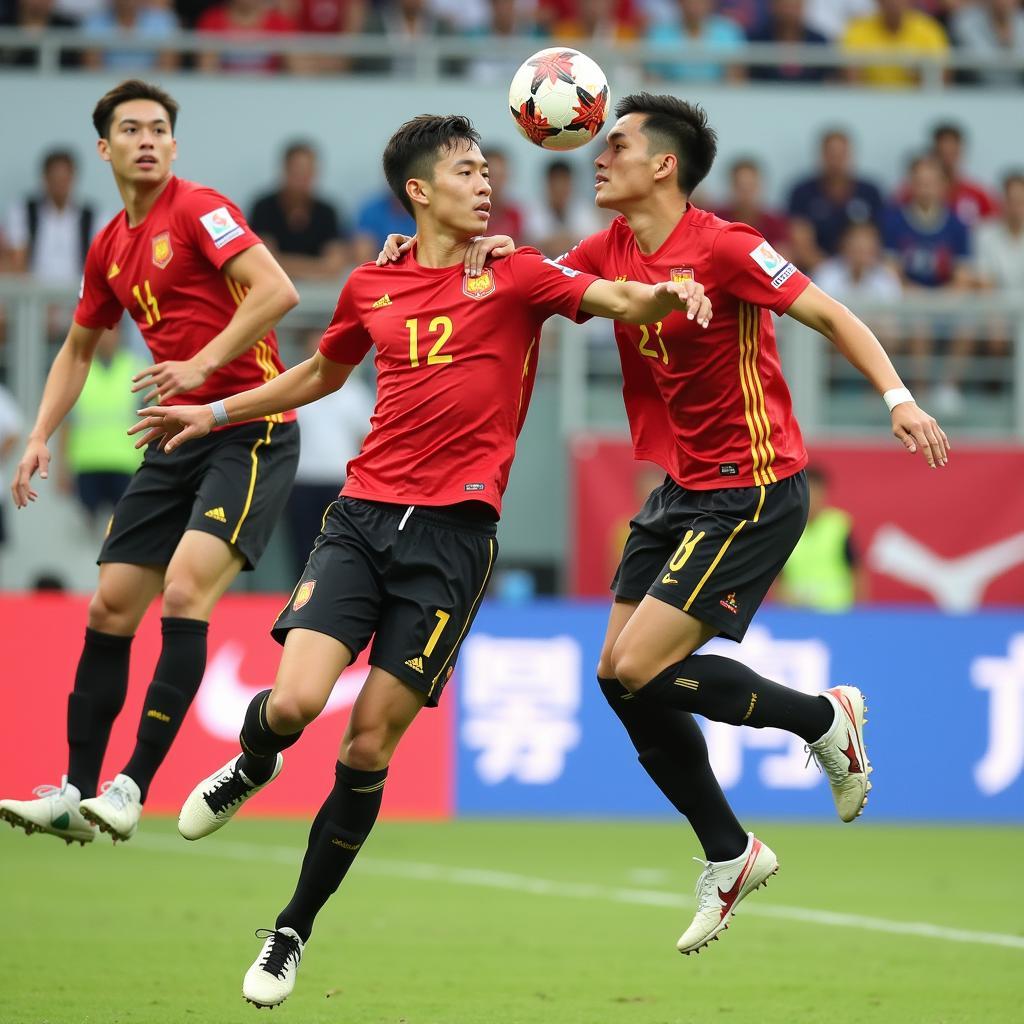 U23 Vietnam players competing for a header