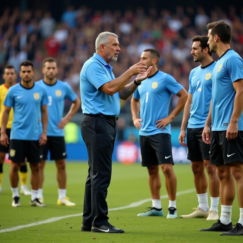 Huấn luyện viên Oscar Tabarez của đội tuyển Uruguay đang chỉ đạo chiến thuật cho các cầu thủ trên sân cỏ trong một trận đấu quốc tế.