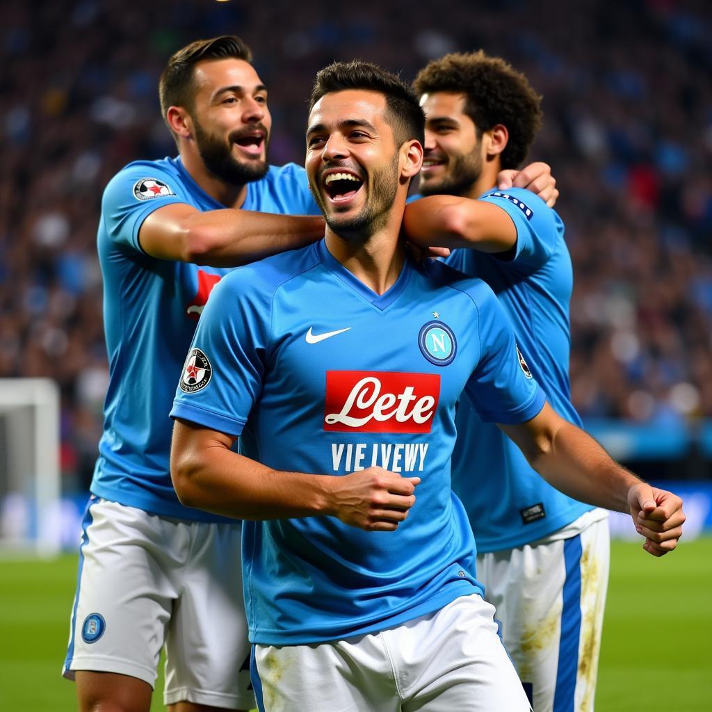 Insigne ăn mừng bàn thắng cùng đồng đội trong màu áo Napoli.