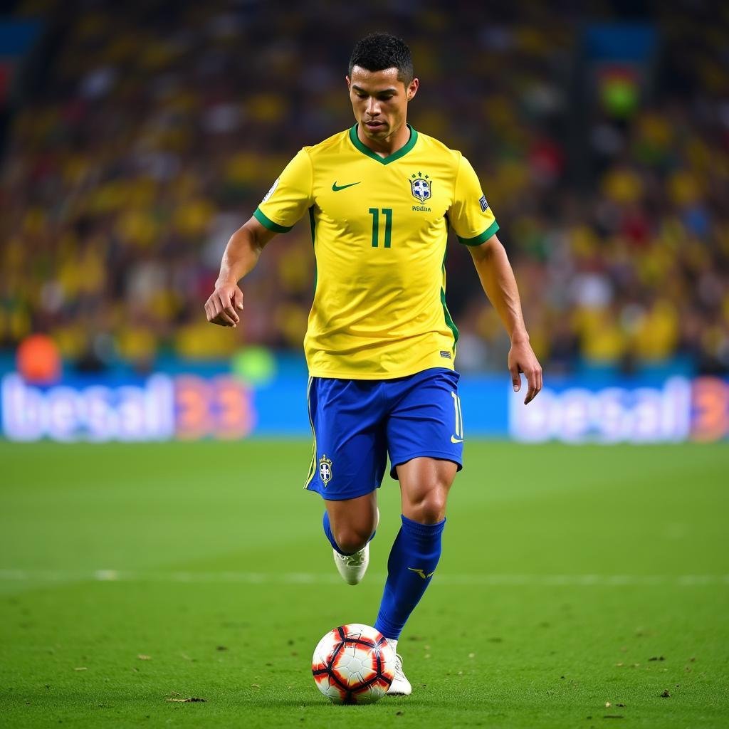 Ronaldo, cầu thủ ghi bàn nhiều thứ 2 tại World Cup, đang dẫn bóng.