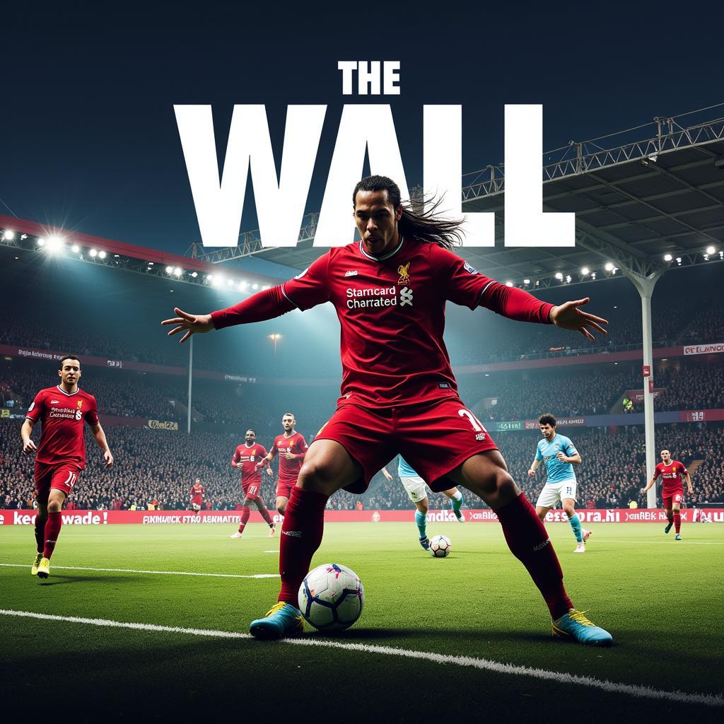 A movie poster mockup featuring Virgil van Dijk as the main character. The poster features a dramatic scene of Van Dijk making a crucial tackle, with the title "The Wall" prominently displayed.